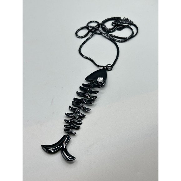 Punk Fun Fish Bone Necklace Black Enamel with Blue Eye Reversible Clear Eye - Picture 3 of 6